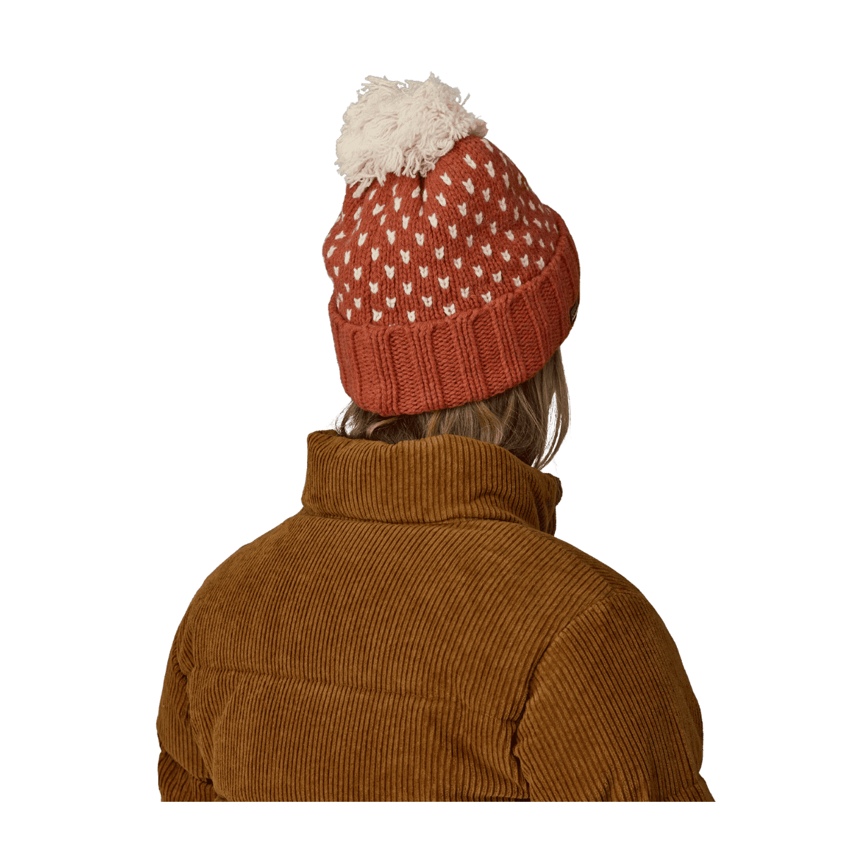 PATAGONIA WOMEN'S SNOWBELLE BEANIE - ONE SIZE - OFFSET DOT: BURNISHED RED - BACK VIEW