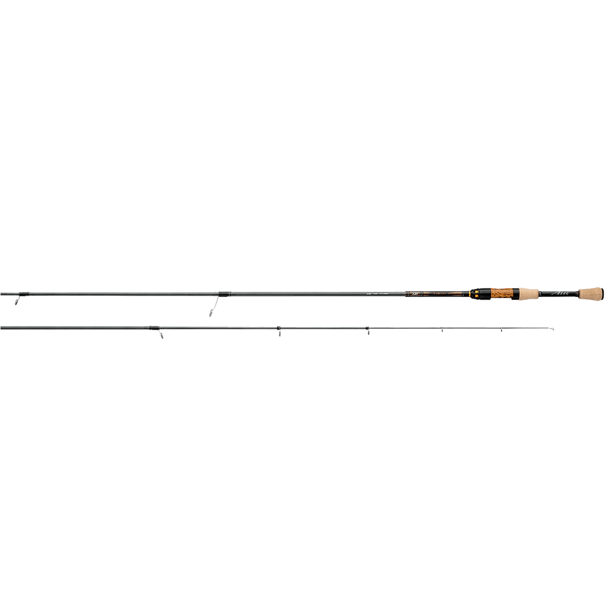 Daiwa Presso Air 6'8" light spinning rod, featuring a sleek black blank with multiple line guides and a premium cork handle for comfort and sensitivity.