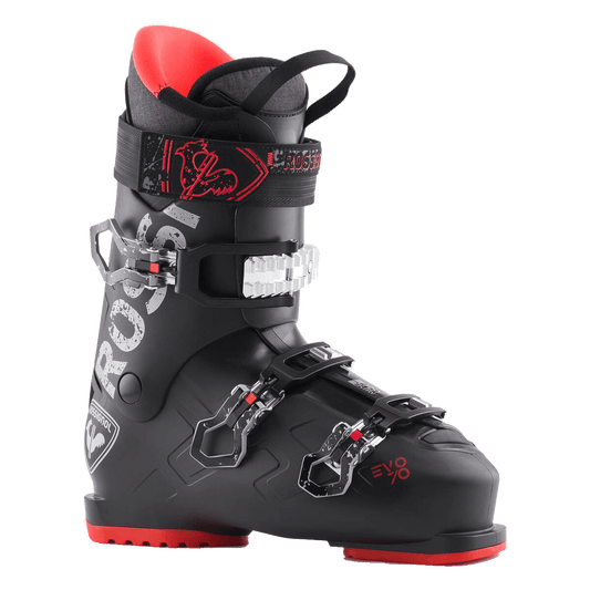 Black ski boot with red accents on a transparent background