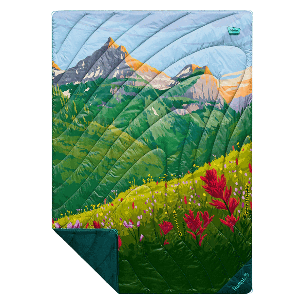 RUMPL ORIGINAL PUFFY BLANKET - GLACIER SMOKY NATIONAL PARK_FRONT ANGLE