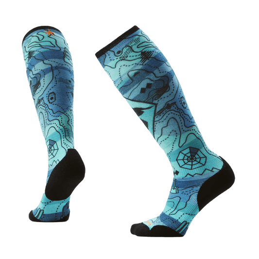 SMARTWOOL WOMEN'S SKI TOPO TREASURES PRINT TARGET CUSHION OTC SOCKS NIGHTFALL BLUE