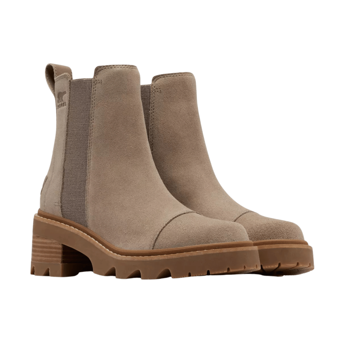 SOREL WOMEN'S JOAN NOW CHELSEA BOOTS - OMEGA TAUPE - ANGLE VIEW DISPLAYING PAIR