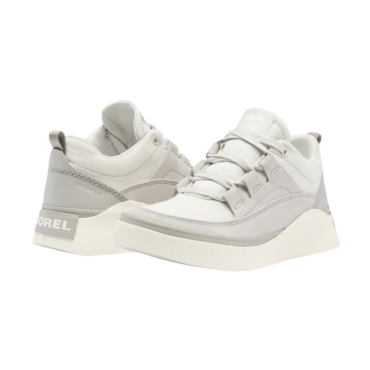 SOREL WOMEN'S OUT N ABOUT IV WATERPROOF LOW SNEAKER - MOONSTONE/SEA SALT - ANGLED PAIR VIEW