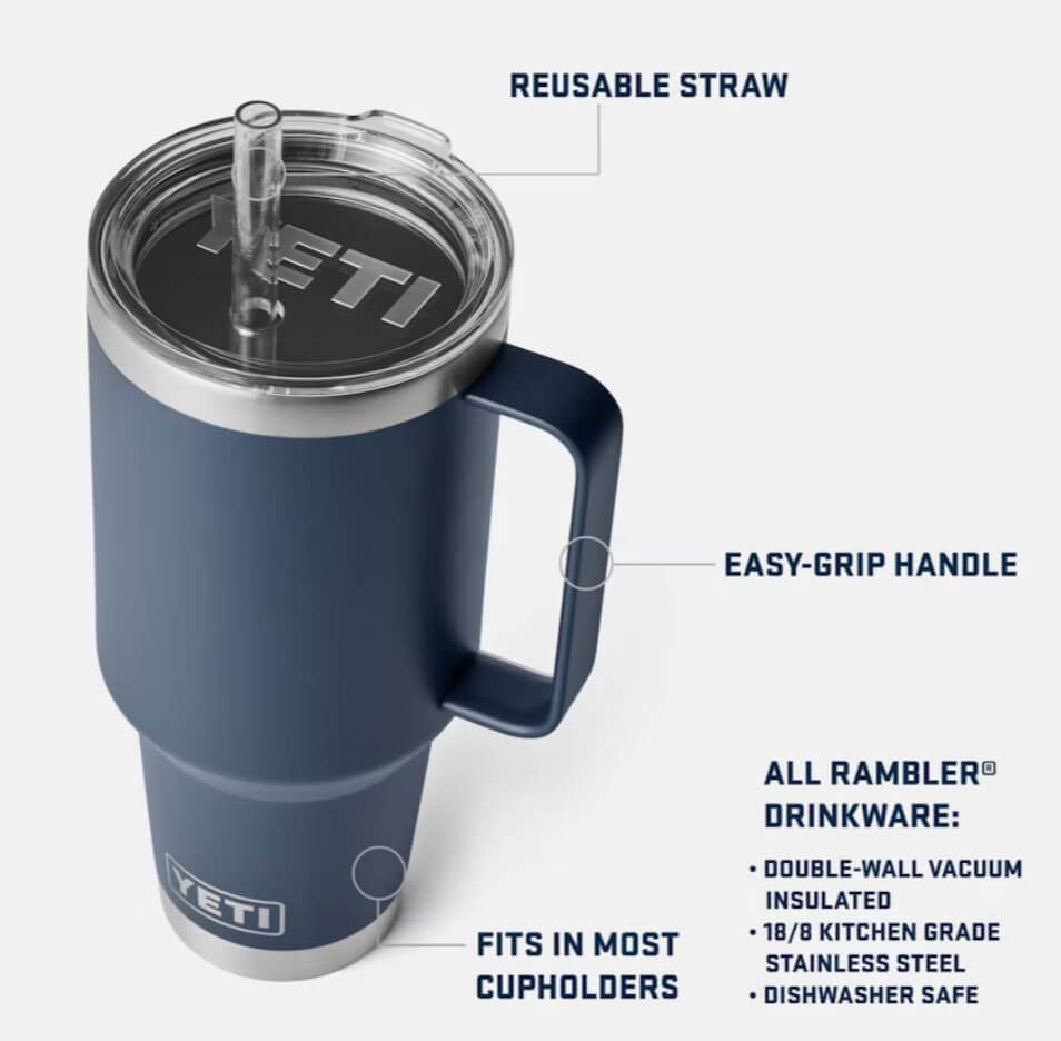 YETI RAMBLER 42 OZ STRAW MUG W/ STRAW LID showing features of resuable straw, easy grip handle, fits in most cupholders.