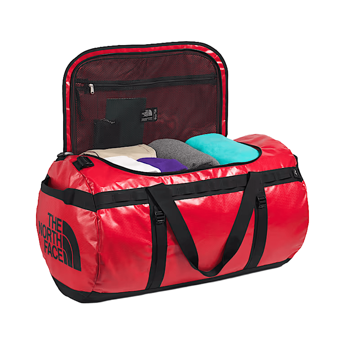 THE NORTH FACE BASE CAMP DUFFEL XL - TNF RED TNF BLACK - OPEN DUFFEL VIEW
