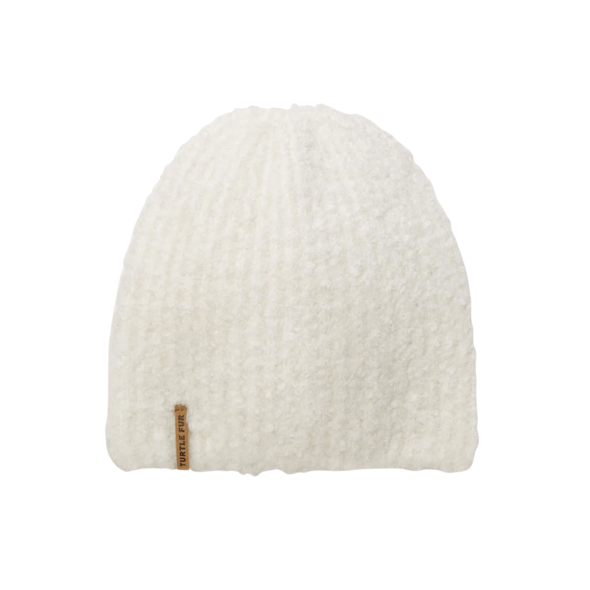 TURTLE FUR ABIGAIL BEANIE, CREAM, FRONT ANGLE, LOGO