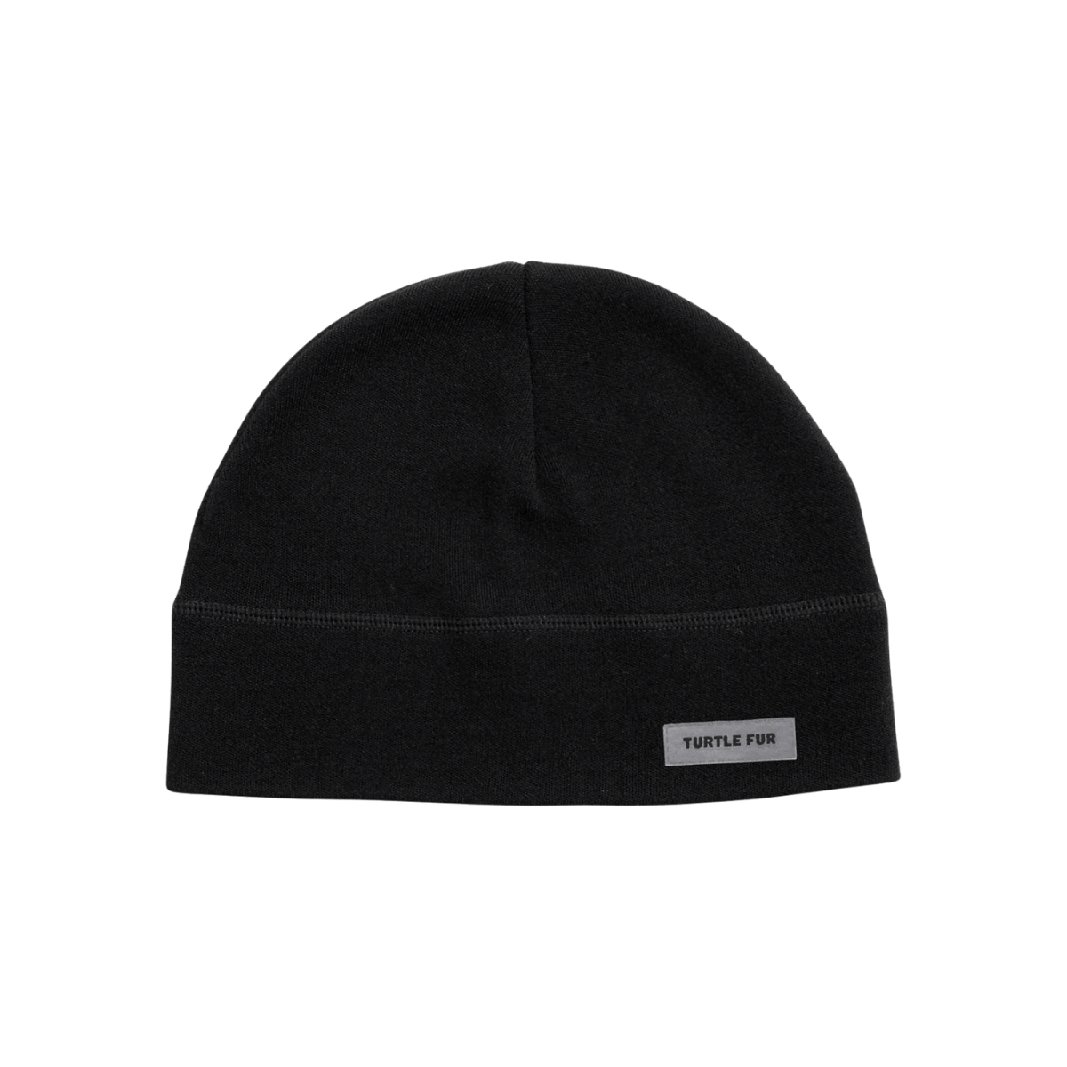 TURTLE FUR CAREFREE MERINO WOOL BEANIE, BLACK COLOR, FRONT ANGLE, LOGO