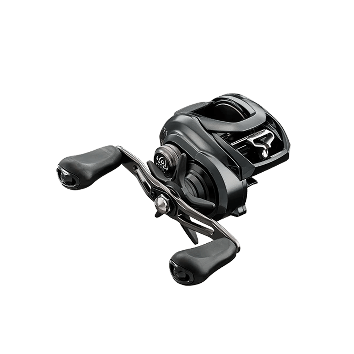 Daiwa Tatula TW 300 HS baitcasting reel in black, featuring dual handles with ergonomic grips, a compact low-profile design, and a high-strength aluminum frame for durability and smooth performance.