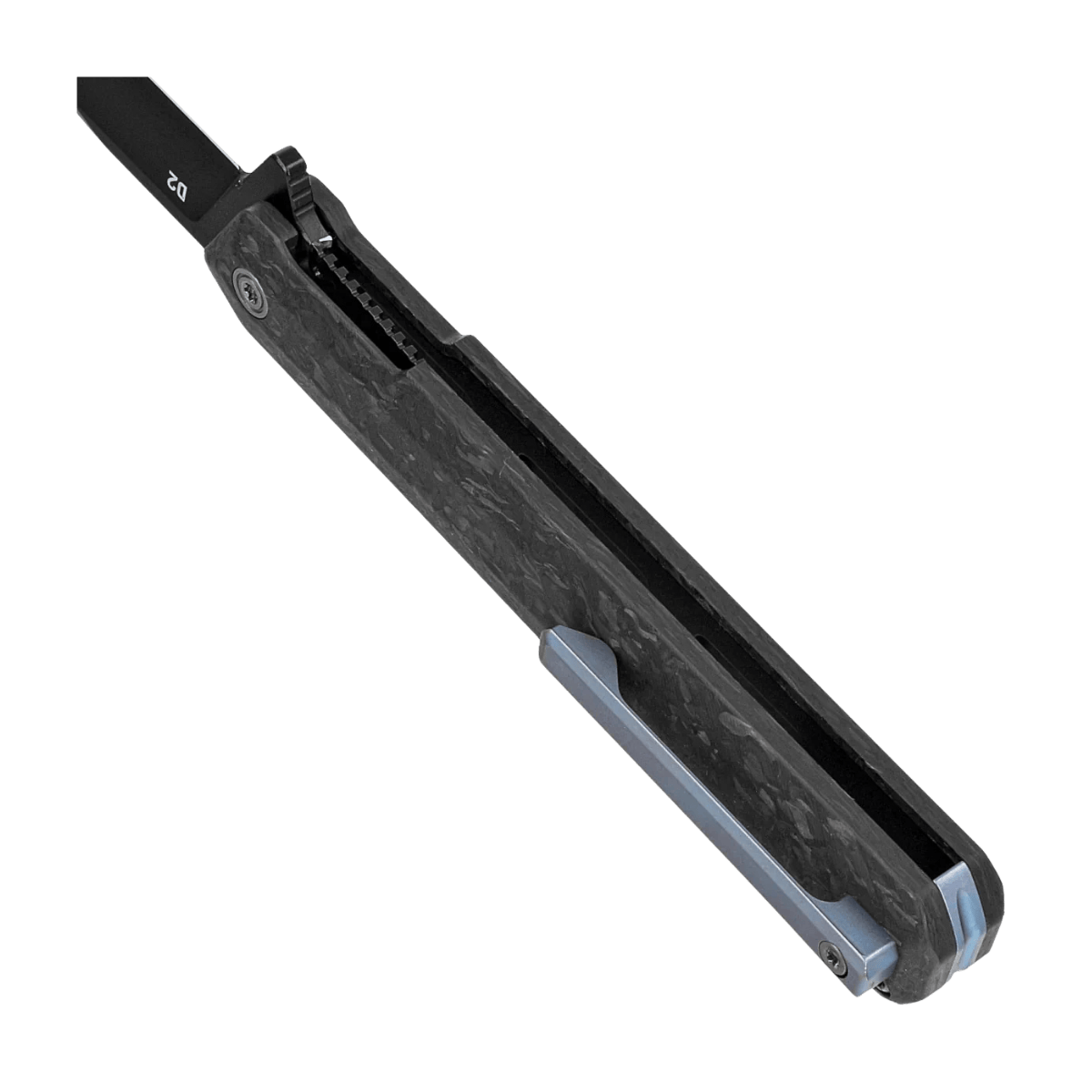 TEKTO KNIVES F2 BRAVO FORGED CARBON HANDLE D2 FINE - CLOSER HANDLE VIEW