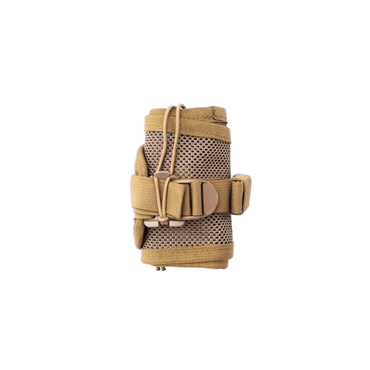 Tethrd Modular Versatile Panel (MVP) in tan mesh design with adjustable strap and buckle, designed for added back support in saddle hunting setups. Rolled up in itself.