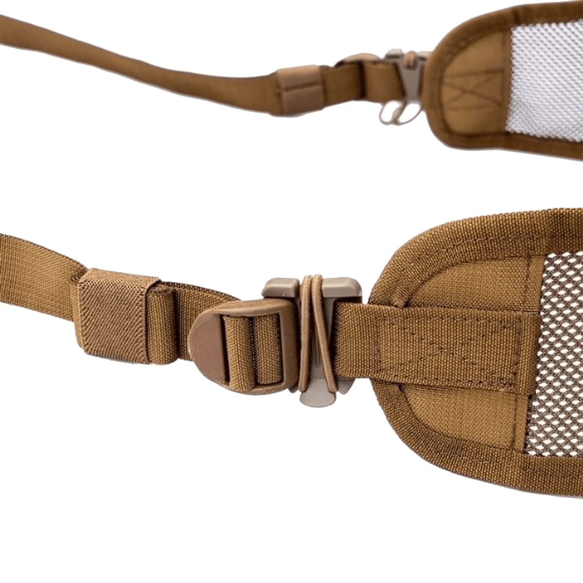 Close-up of strap - Tethrd Modular Versatile Panel (MVP) in tan mesh design with adjustable strap and buckle, designed for added back support in saddle hunting setups.