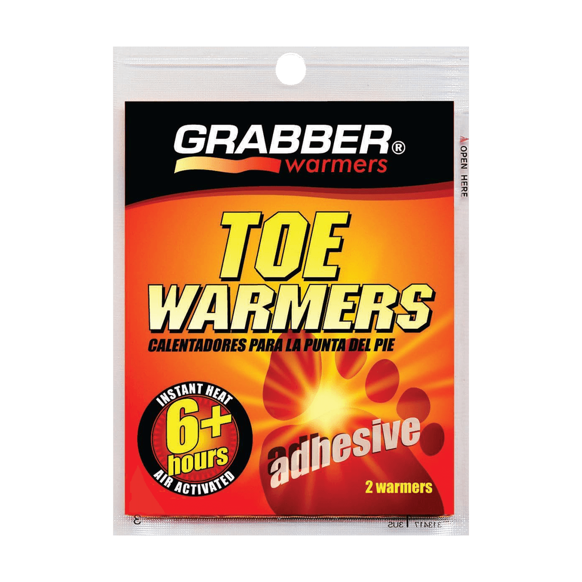 Package of Grabber Toe Warmers with bright colors and text on a white background