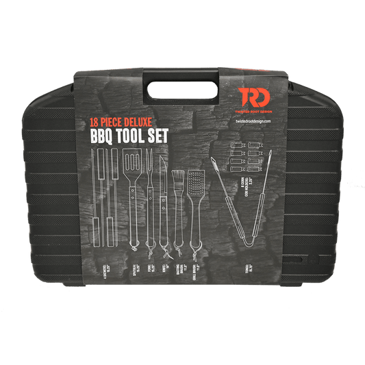 TWISTED ROOT DESIGN DELUXE BBQ TOOL SET 18PC FRONT