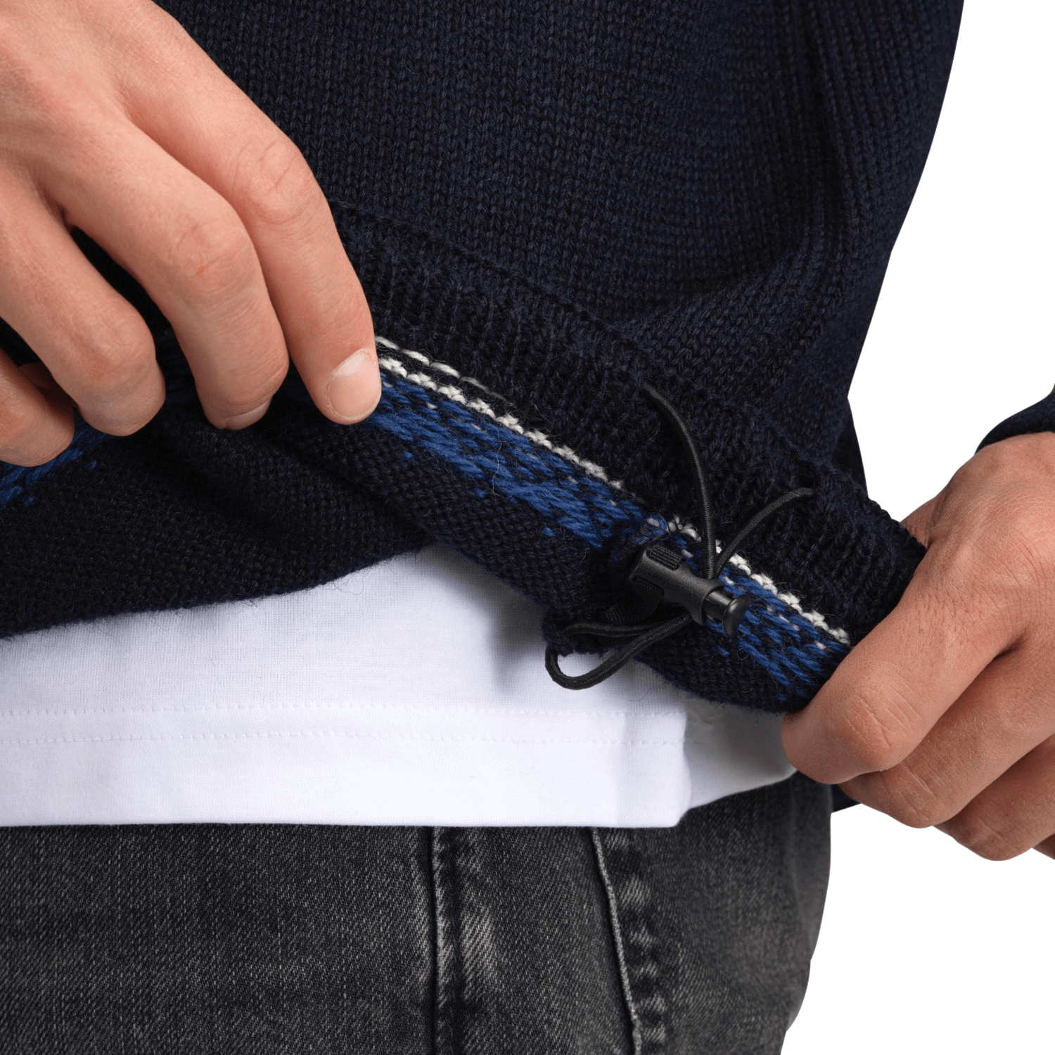 DALE OF NORWAY VAIL MEN'S SWEATER - NORWEGIAN WOLL - MIDNIGHT NAVY showing synch at bottom