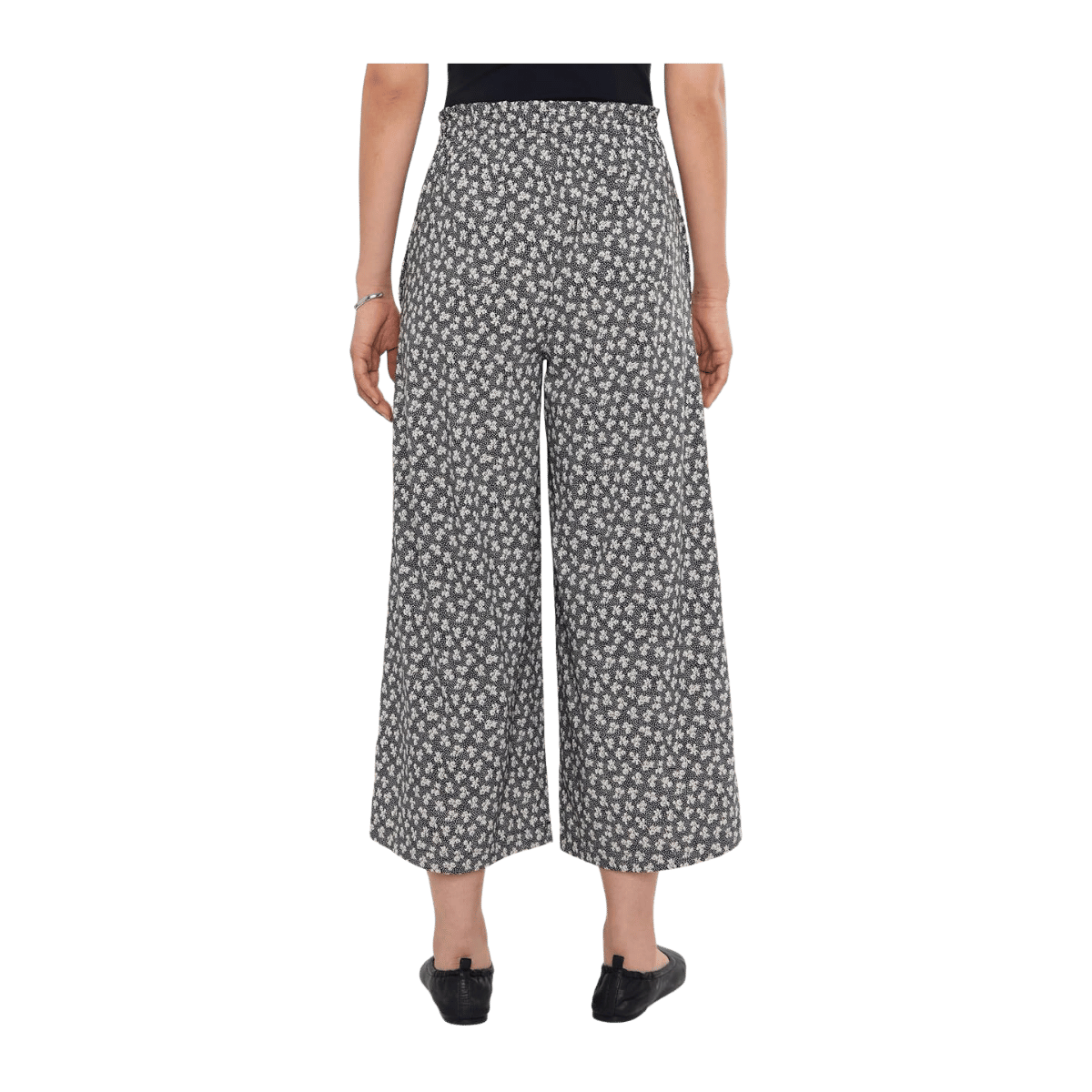 TOAD + CO WOMEN'S SUNKISSED WIDE LEG CROP PANT - BLACK & SALT PRINT - BACK VIEW