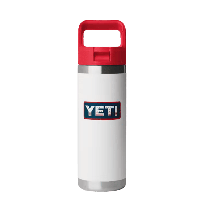 YETI RAMBLER 18OZ BOTTLE WITH COLOR CAP STRAW WHITE RESCUE RED BADGE