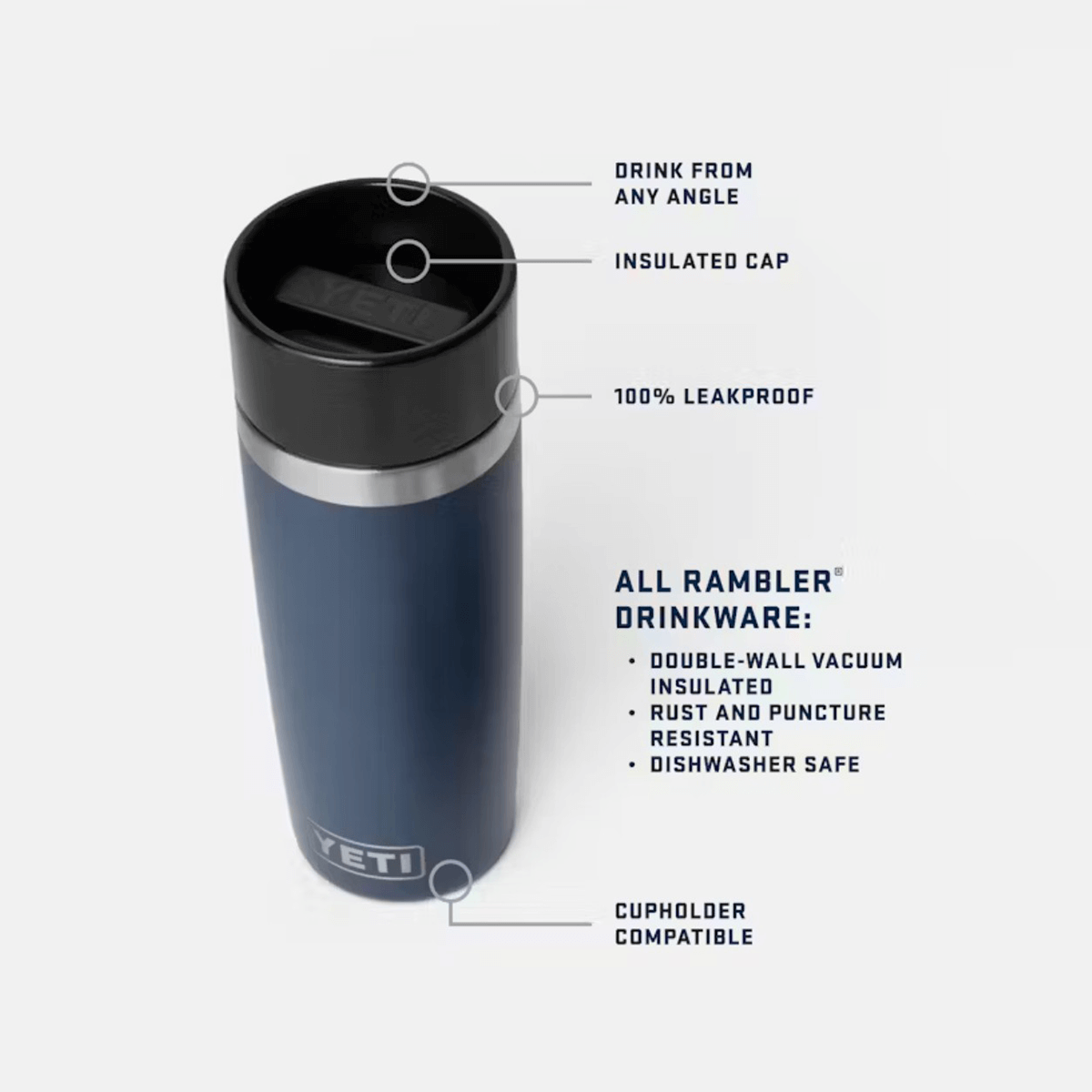 Blue YETI tumbler with features listed on a white background