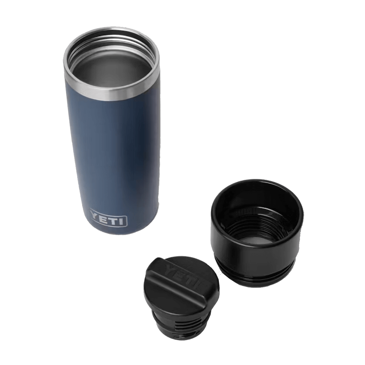 Blue YETI tumbler with black lid and cup on a white background