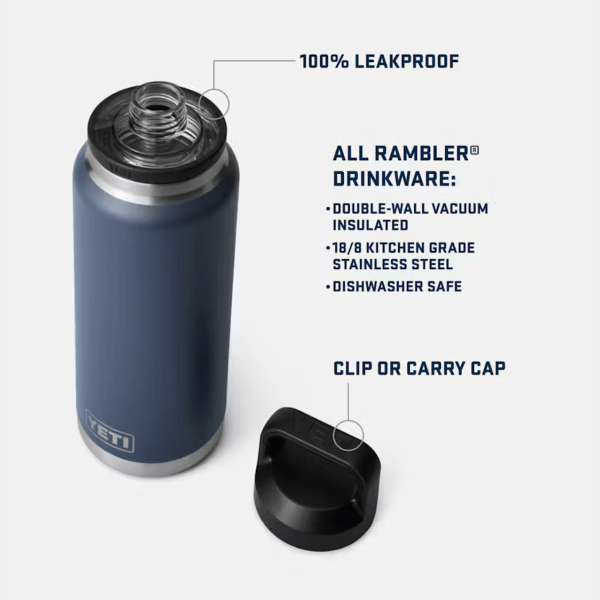 YETI Rambler 26 oz bottle with cap removed, highlighting features such as 100% leakproof design, clip or carry cap, double-wall vacuum insulation, 18/8 kitchen-grade stainless steel, and dishwasher-safe construction.