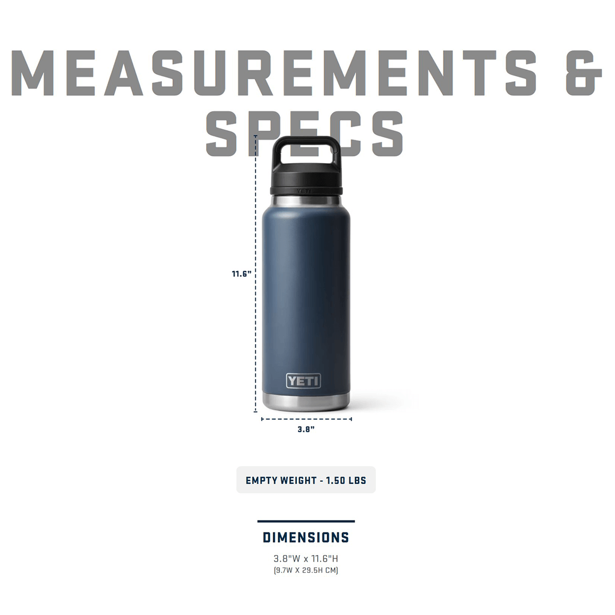 YETI water bottle with measurements and specifications on a white background