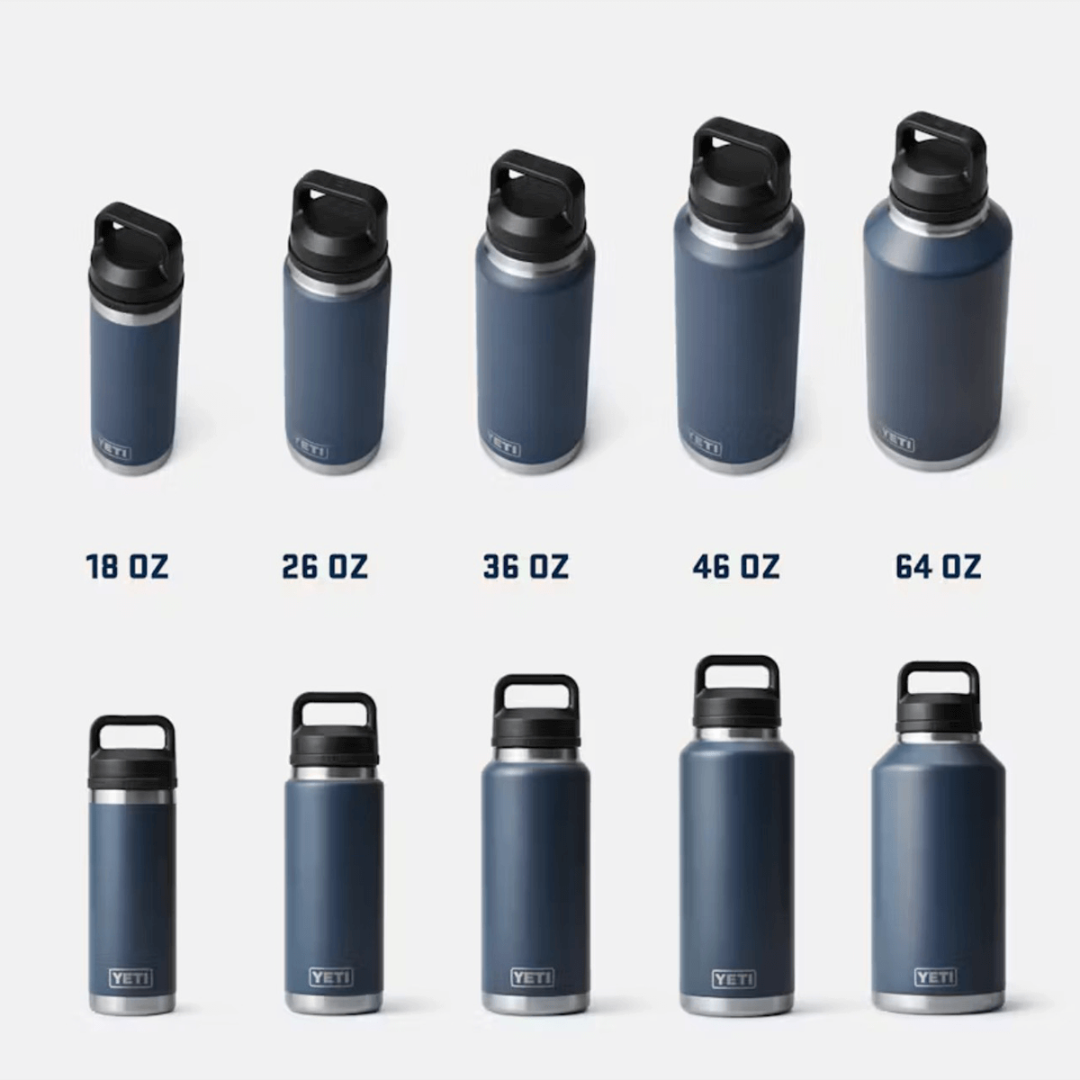 Set of YETI water bottles in various sizes on a white background