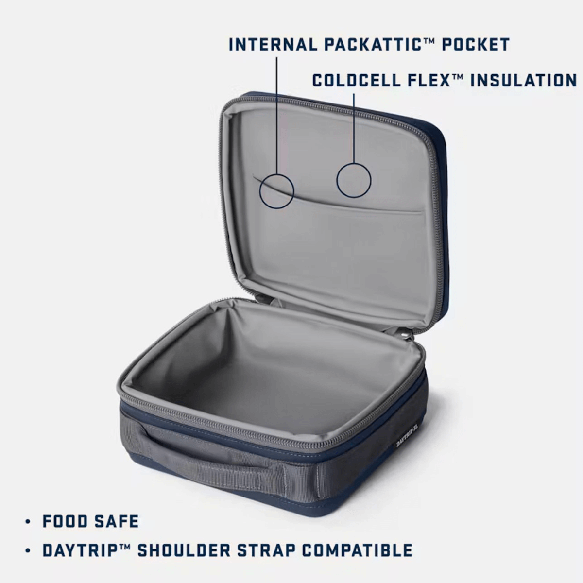 Gray insulated food container with features highlighted on a white background