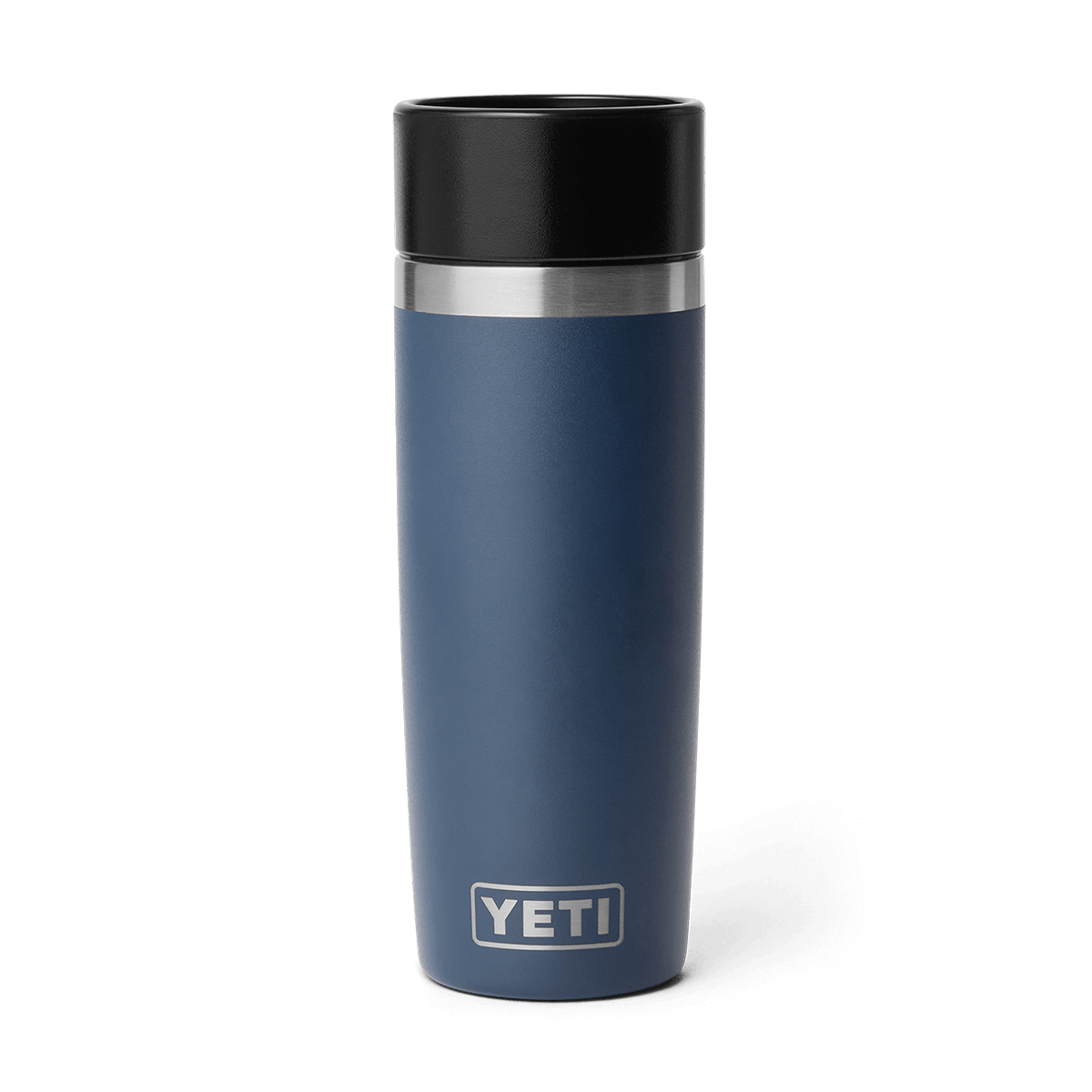Blue YETI mug with a black lid
