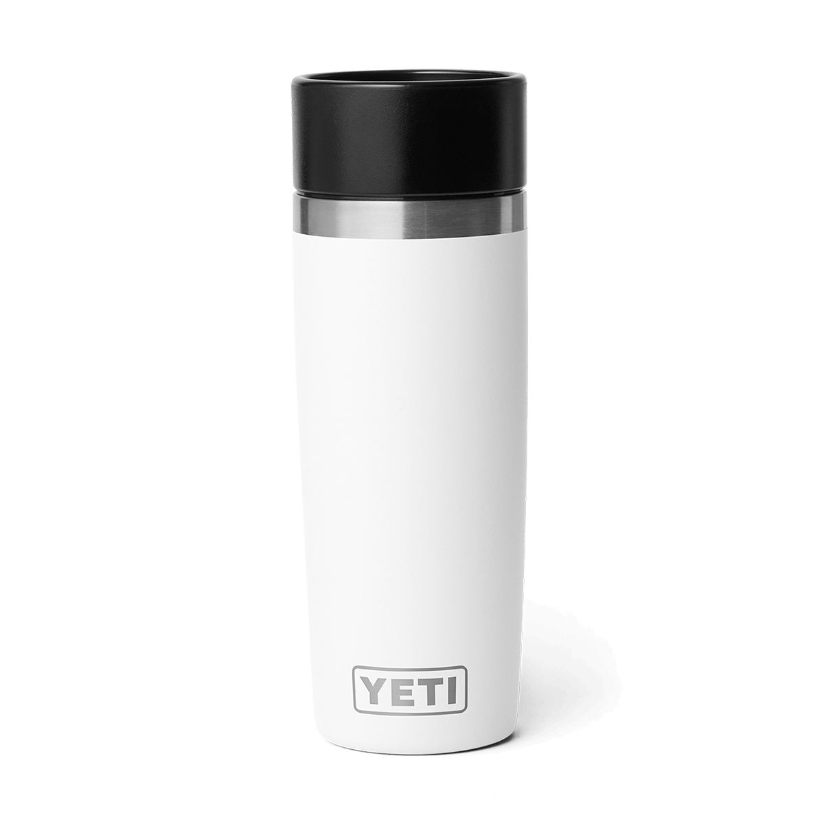 White YETI mug with a black lid