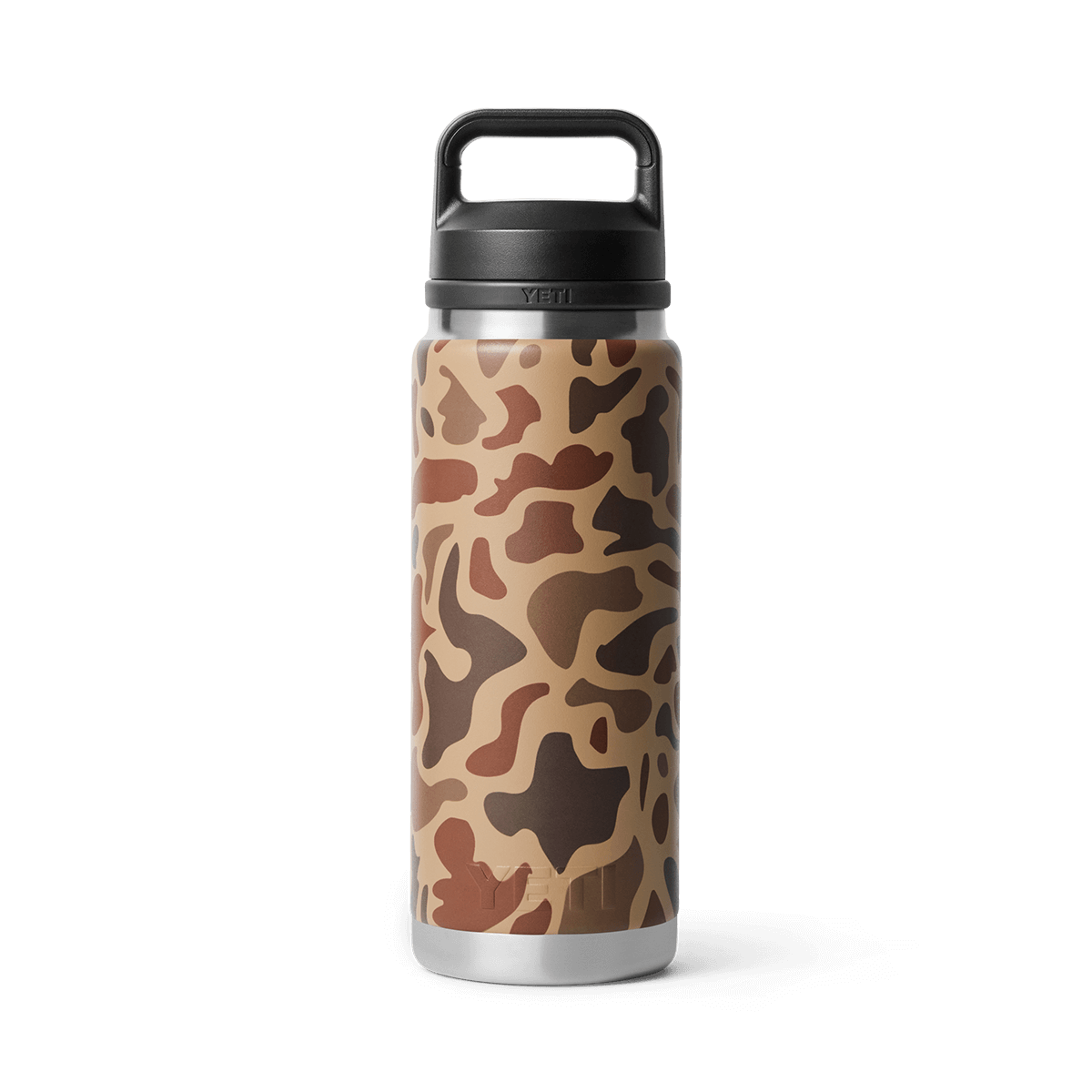 YETI Rambler 26 oz Bottle with Chug Cap in Wetlands Camo color pattern, featuring an abstract brown and tan camouflage design with a durable black lid and wide handle.