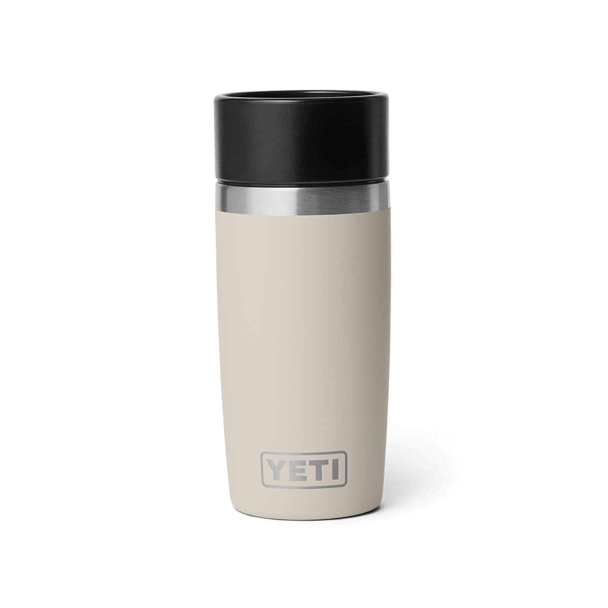 Cape Taupe YETI insulated 12 oz mug with black lid