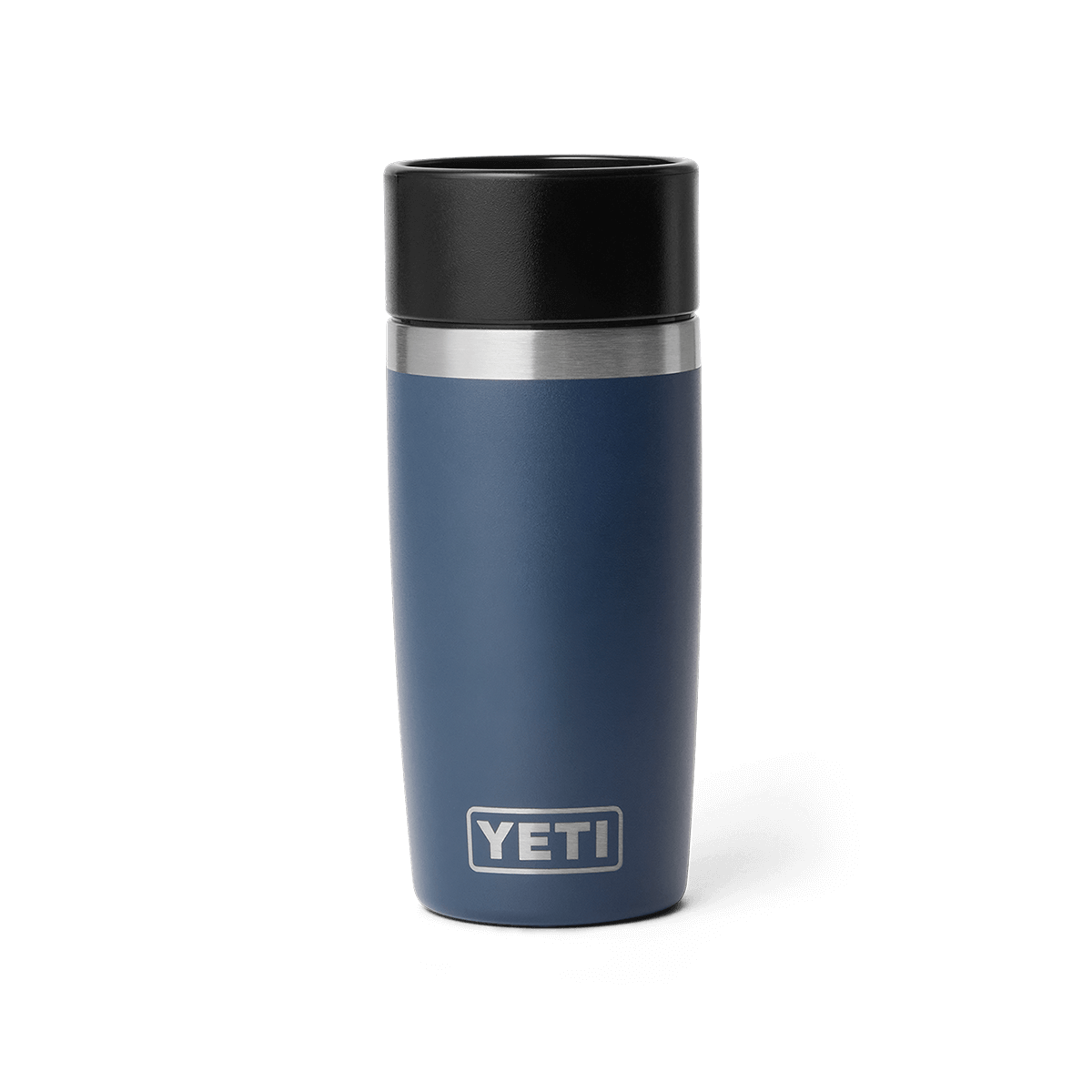 Navy YETI insulated 12 oz mug with black lid