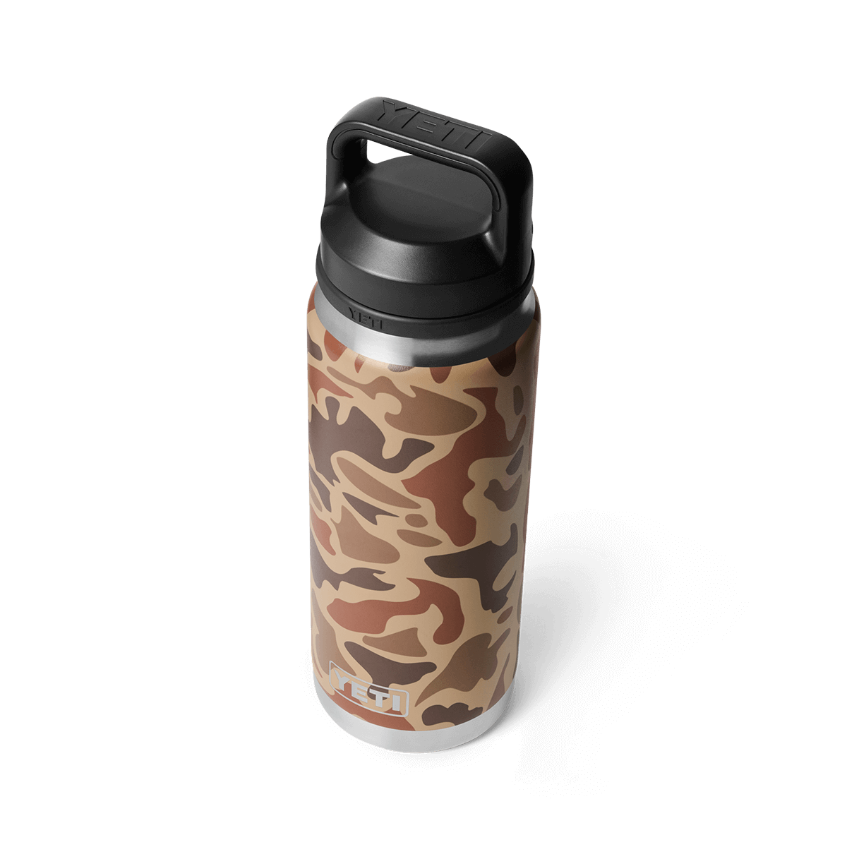 YETI Rambler 26 oz Bottle with Chug Cap in Wetlands Camo color pattern, featuring an abstract brown and tan camouflage design with a durable black lid and wide handle.