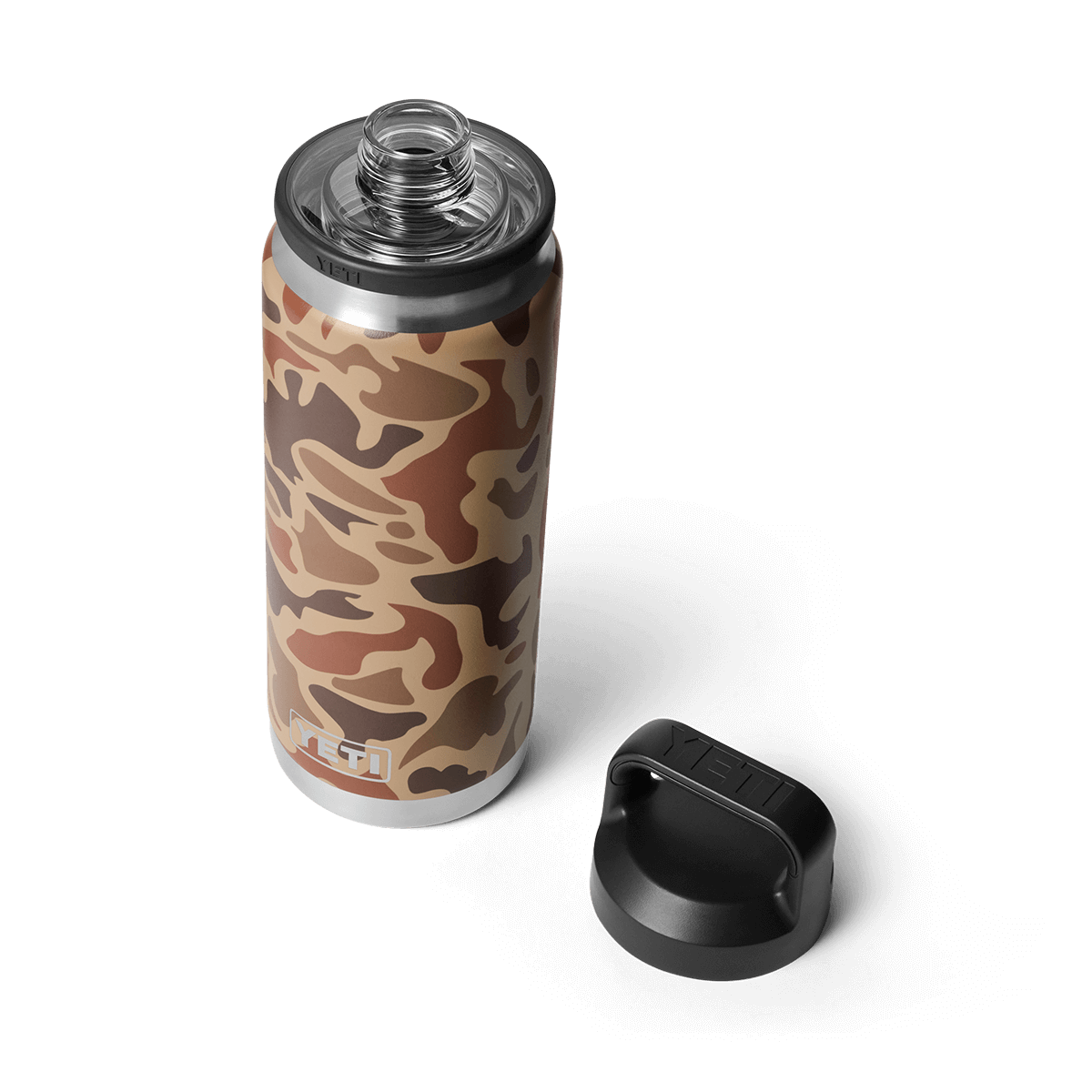 YETI Rambler 26 oz Bottle with Chug Cap in Wetlands Camo color pattern, featuring an abstract brown and tan camouflage design. With black lid off on the side.