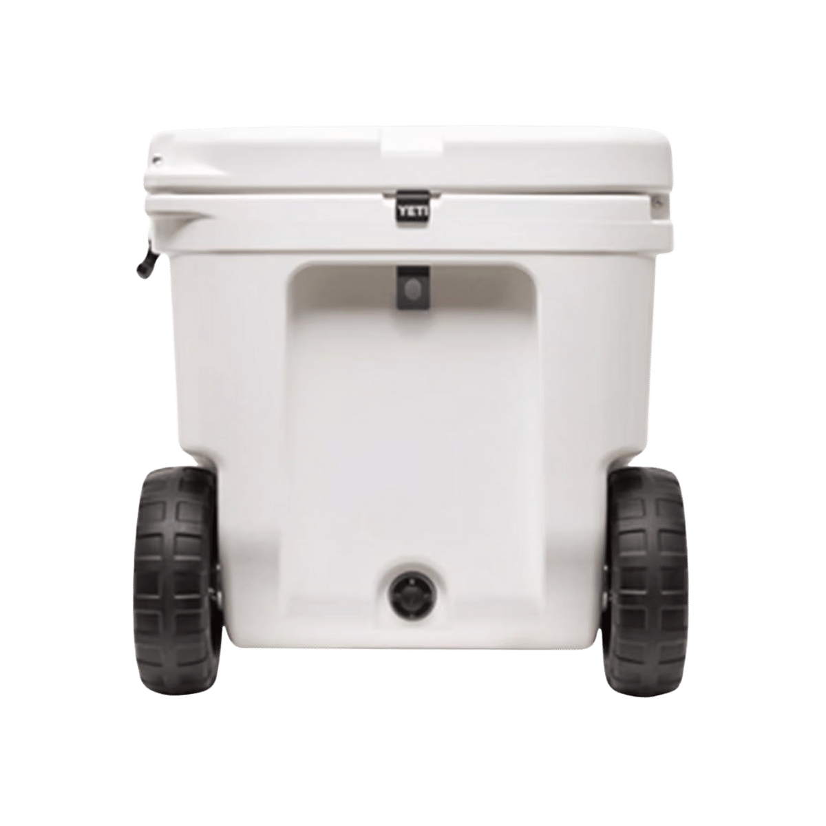 YETI TUNDRA 50 QUART HAUL ROLLER COOLER - WHITE -CLOSE-UP VIEW
