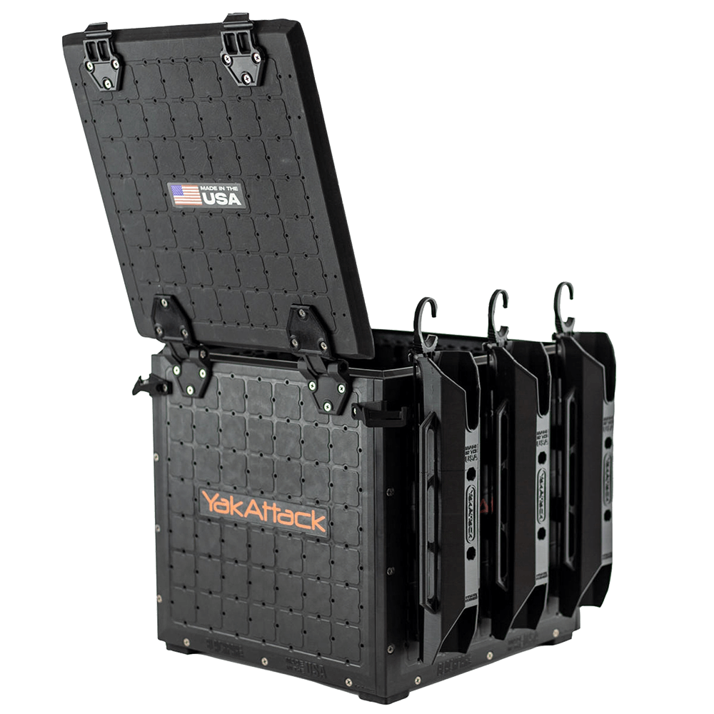 BLACKPAK PRO KAYAK CRATE - 13" x 13" with rod holders and the lid open