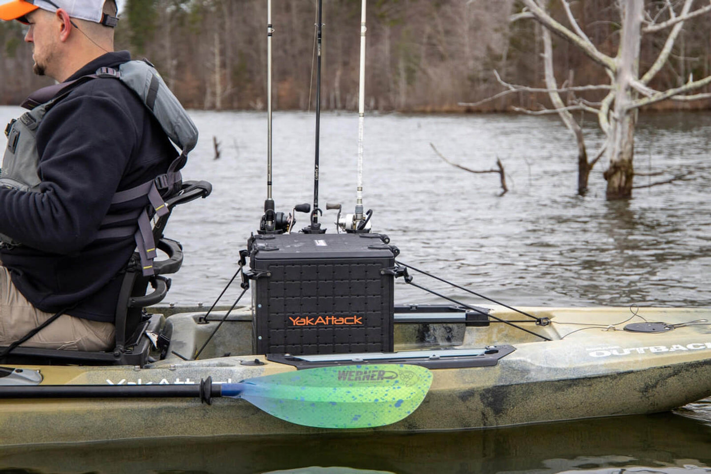 BLACKPAK PRO KAYAK CRATE - 13" x 13" mounted on a kayak with bungie cords