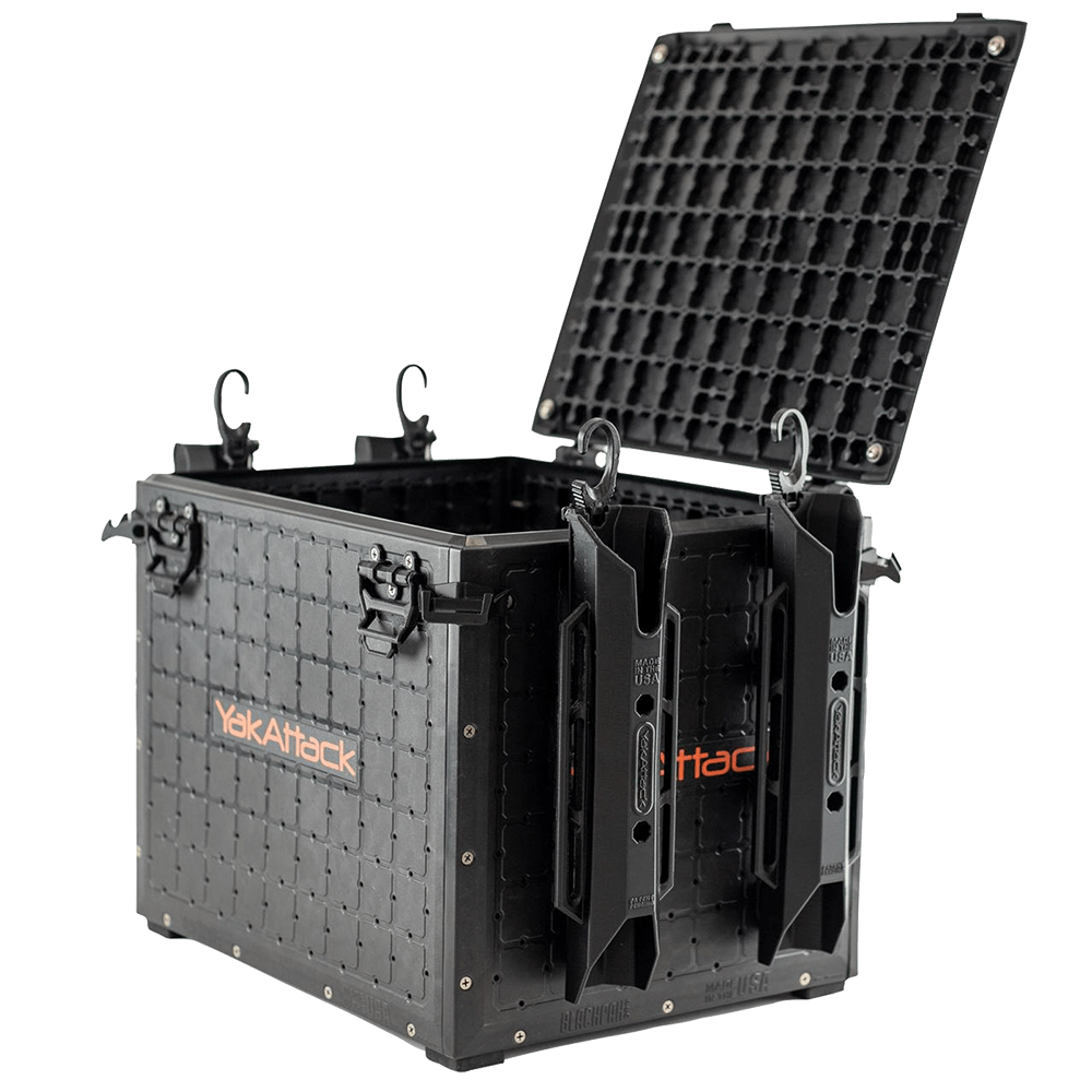 BLACKPAK PRO KAYAK FISHING CRATE - 13" x 16" lid open and rod holders attached