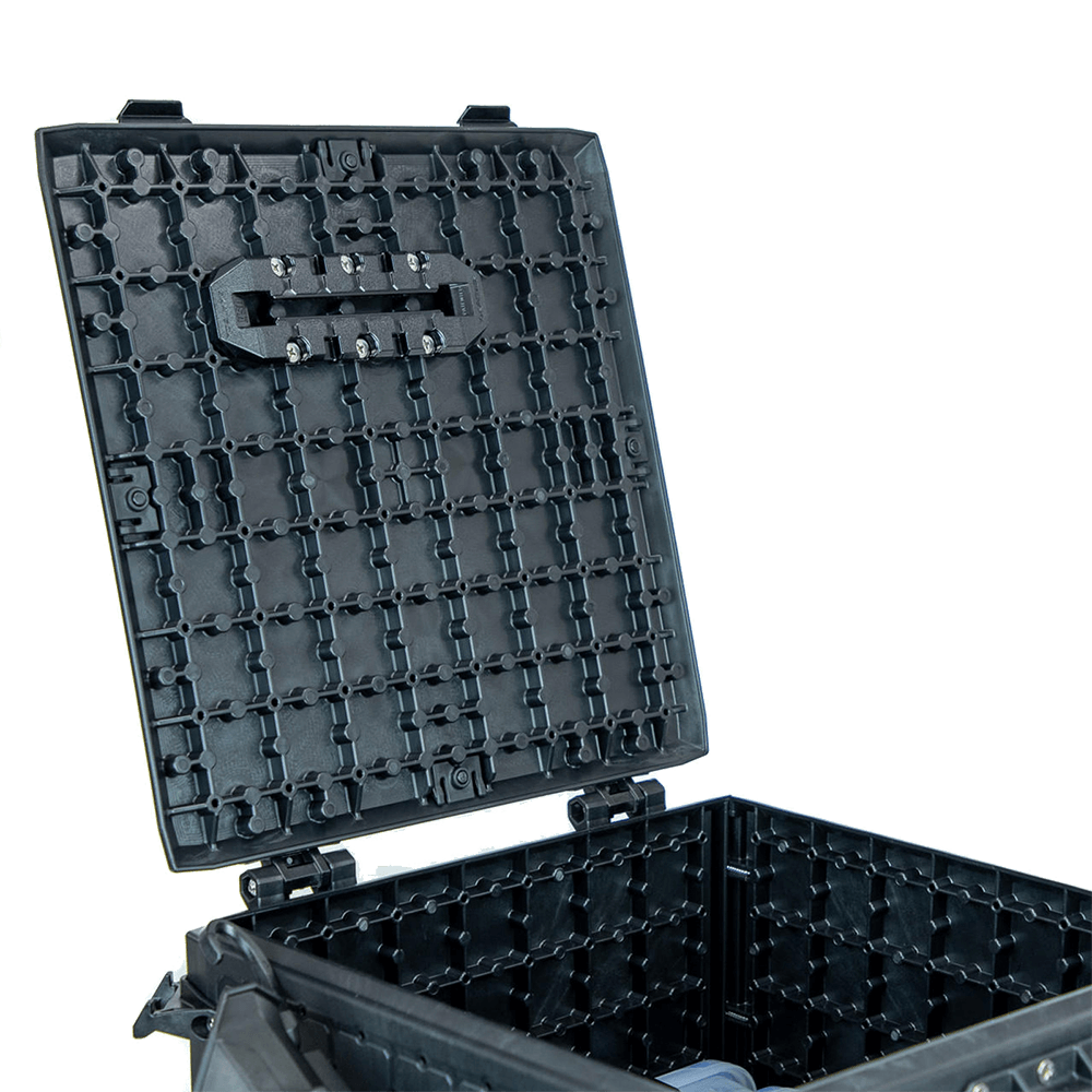 GRIDLOC MIGHTYMOUNT XL 6" attached to the bottom of a box lid