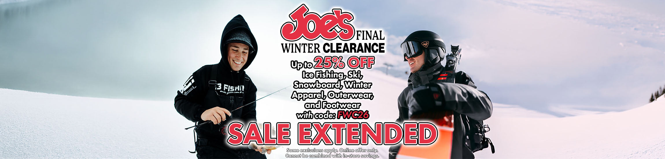 Two people in winter gear with a promotional banner for Joe's Final Winter Clearance sale.