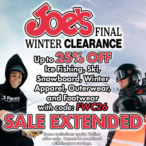 Advertisement for Joe's Final Winter Clearance sale with two people in winter gear and promotional text.