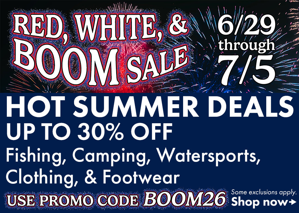 Shop Joe's 4th of July sale from 6/29 to 7/5.  Hot summer deals up to 30% off Fishing, Camping, Watersports, Clothing, and Footwear when you use promo code BOOM26 at checkout.  Some exclusions apply.