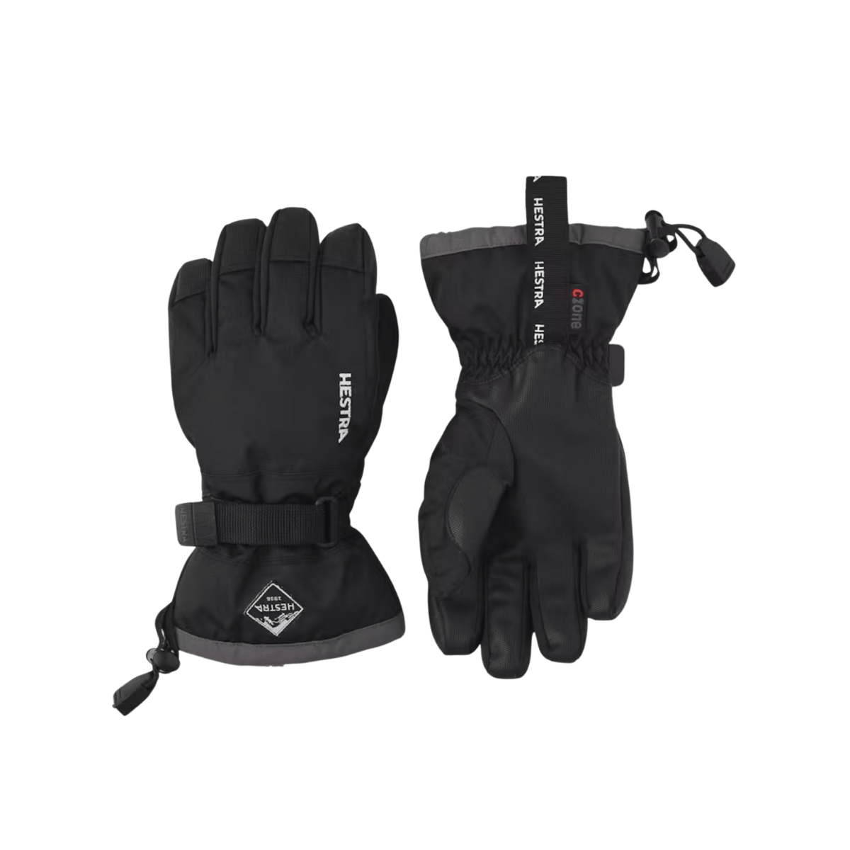 HESTRA JUNIOR GAUNTLET CZONE GLOVE - BLACK/GRAPHITE - FRONT/BACK VIEW