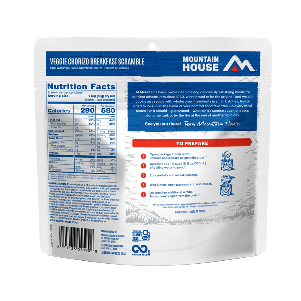 MOUNTAIN HOUSE VEGGIE CHORIZO BREAKFAST SCRAMBLE showing nutrition facts and ingredients.