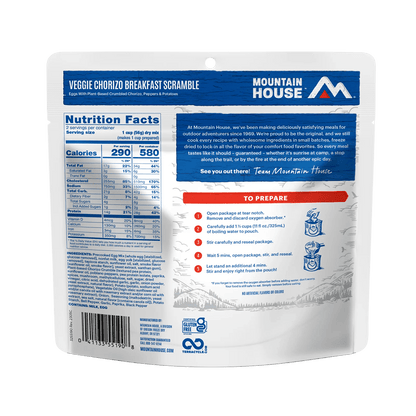 MOUNTAIN HOUSE VEGGIE CHORIZO BREAKFAST SCRAMBLE showing nutrition facts and ingredients.