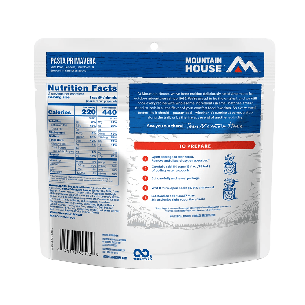 MOUNTAIN HOUSE ENTREES - PASTA PRIMAVERA showing nutrition facts and ingredients. 