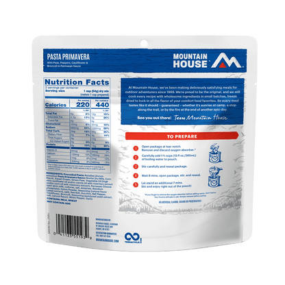 MOUNTAIN HOUSE ENTREES - PASTA PRIMAVERA showing nutrition facts and ingredients. 