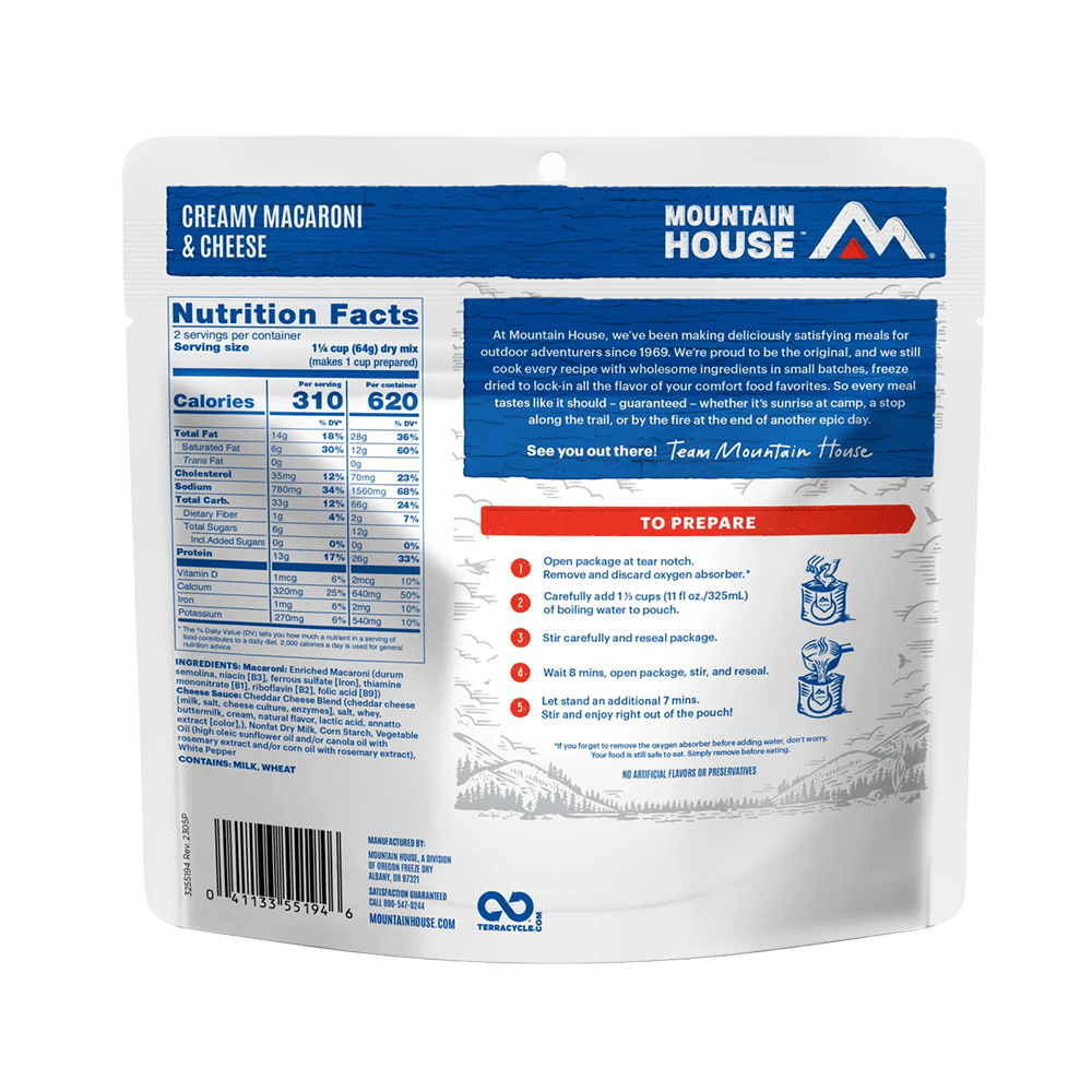 MOUNTAIN HOUSE ENTREES - CREAMY MACARONI & CHEESE showing nutrition facts and ingredients.