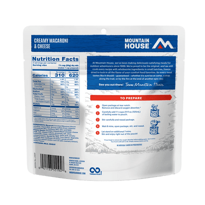 MOUNTAIN HOUSE ENTREES - CREAMY MACARONI & CHEESE showing nutrition facts and ingredients.