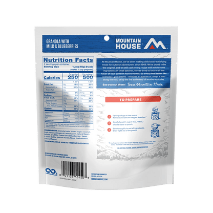 MOUNTAIN HOUSE GRANOLA WITH MILK & BLUEBERRIES showing nutrition facts and ingredients.