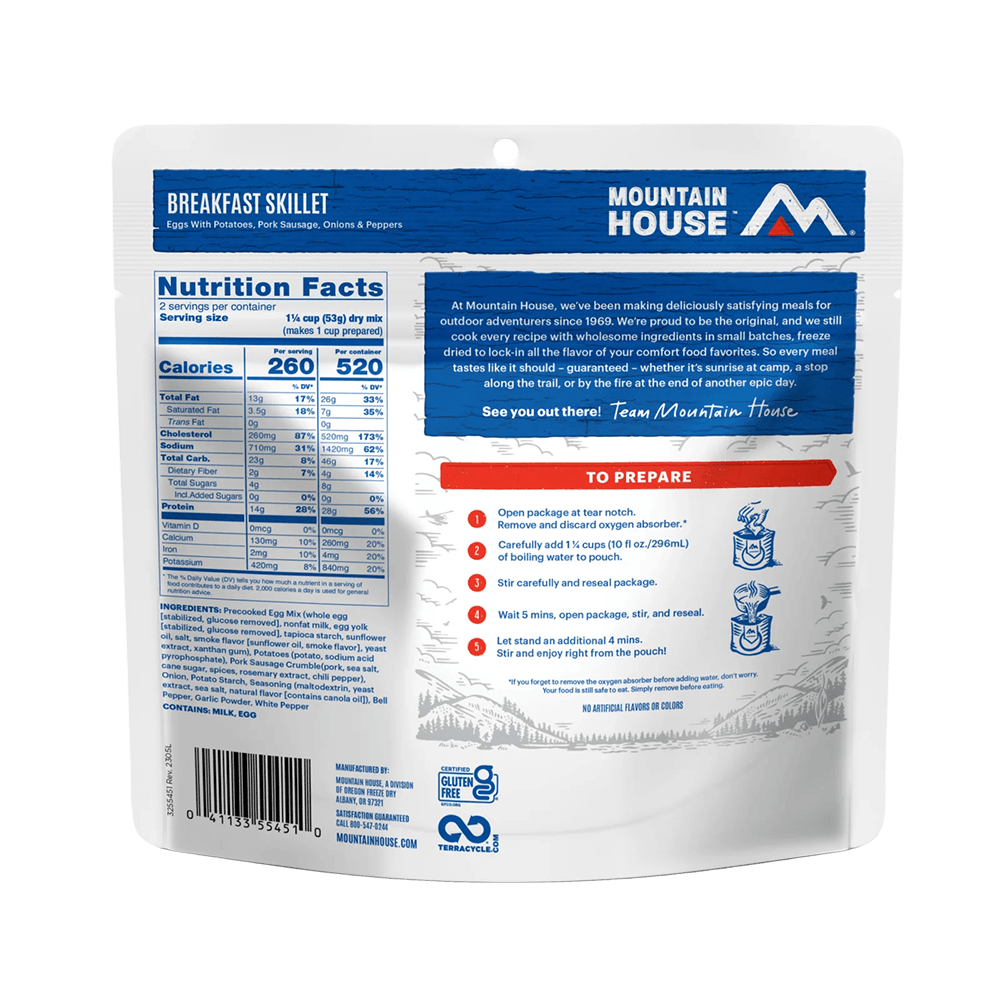 MOUNTAIN HOUSE BREAKFAST SKILLET GLUTEN FREE showing nutrition facts and Ingredients 